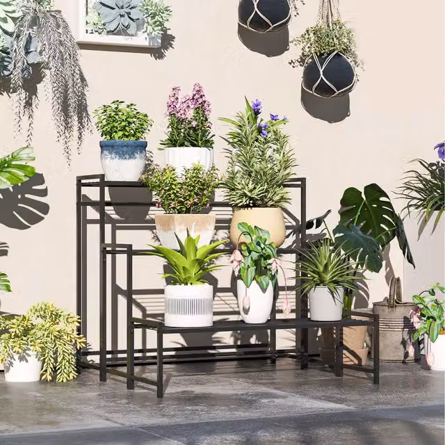 Outsunny 3-Tier Matt Black Metal Ladder Plant Stand for Garden and Balcony