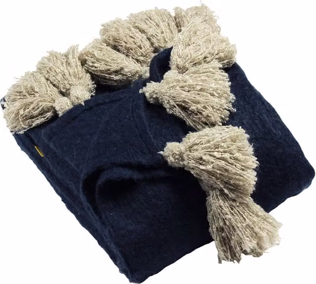 Navy and Beige Boho Tassel Pom-Pom Throw with Fringes