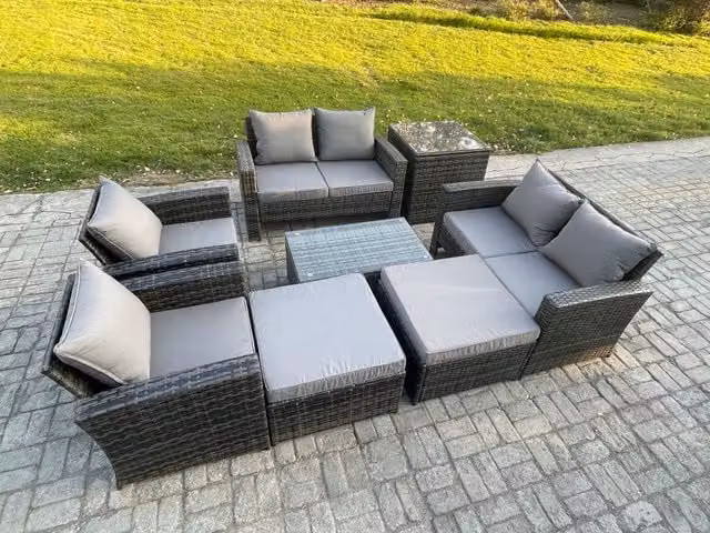 Fimous 8 Piece Outdoor Rattan Garden Furniture Set in Dark Grey with Coffee Table, 2-Seater Sofa, Armchairs and Cushions
