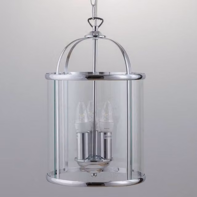 First Choice Lighting Polished Chrome 3 Lamp Lantern Style Pendant with Transparent Glass, Silver, Height Adjustable