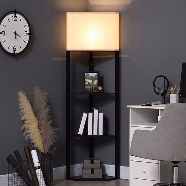 HOMCOM Black Modern Corner Floor Lamp with Wood Shelves and Fabric Shade, H: 159 cm x W: 37 cm x D: 37 cm