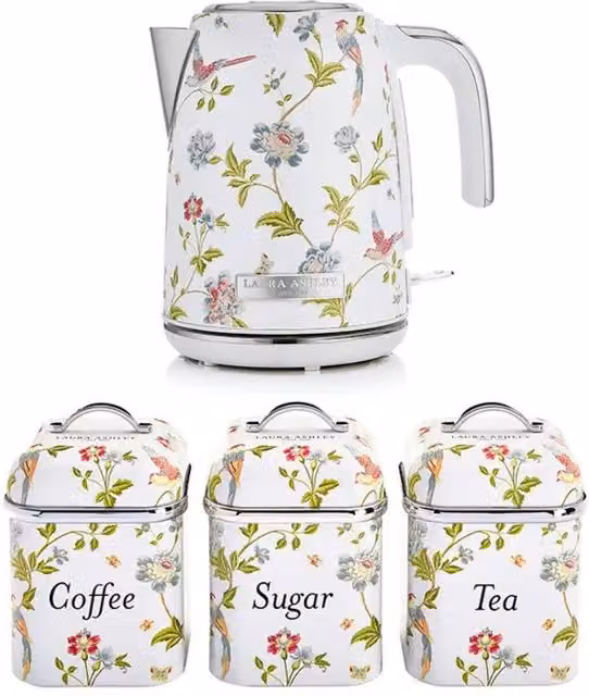 VQ Laura Ashley 1.7L Electric Kettle and Set of 3 Stainless Steel Canisters in White and Multicolour