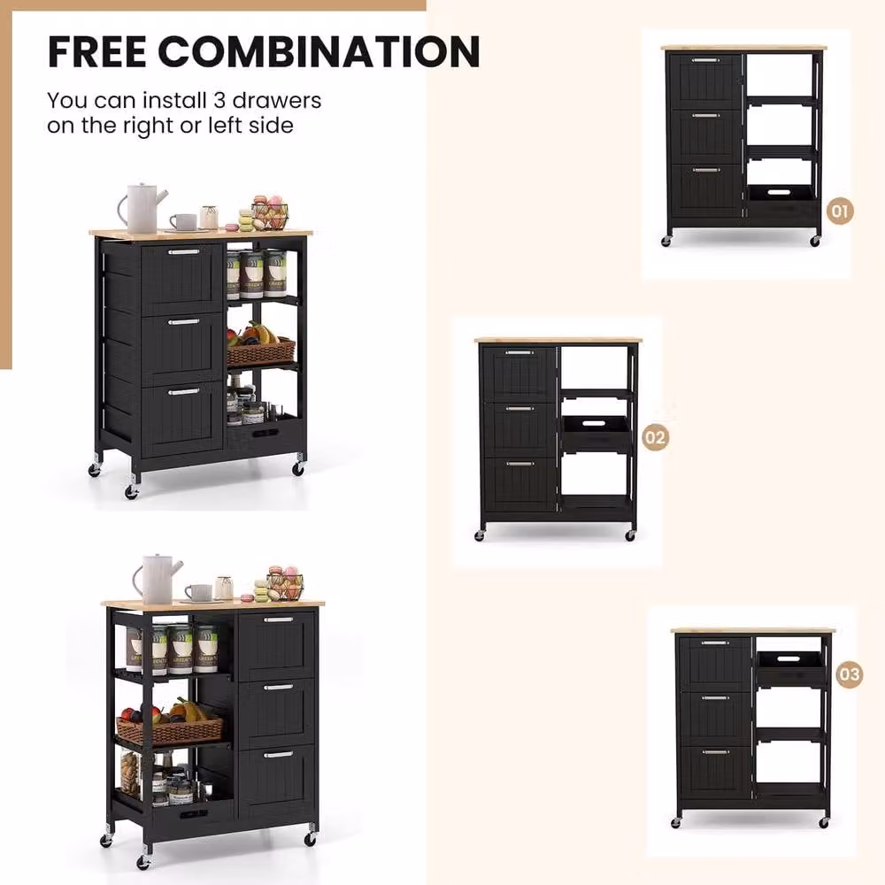 Gymax Black Rolling Kitchen Island Utility Cart with Lockable Wheels and Wood Top – 7