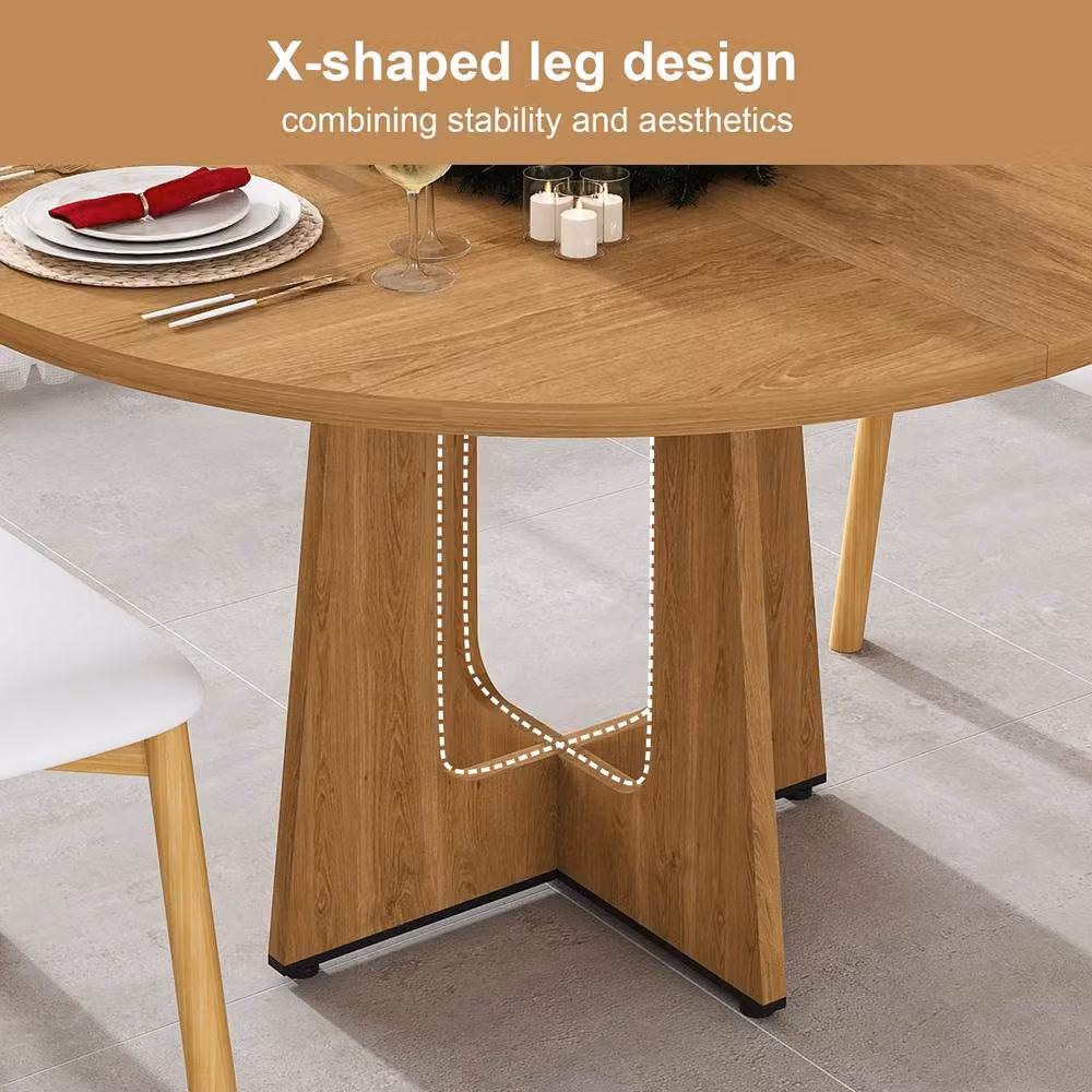 Rolipo Round Farmhouse Dining Table in Brown Oak Finish, Diameter: 119.38 cm, Height: 76 cm – 3