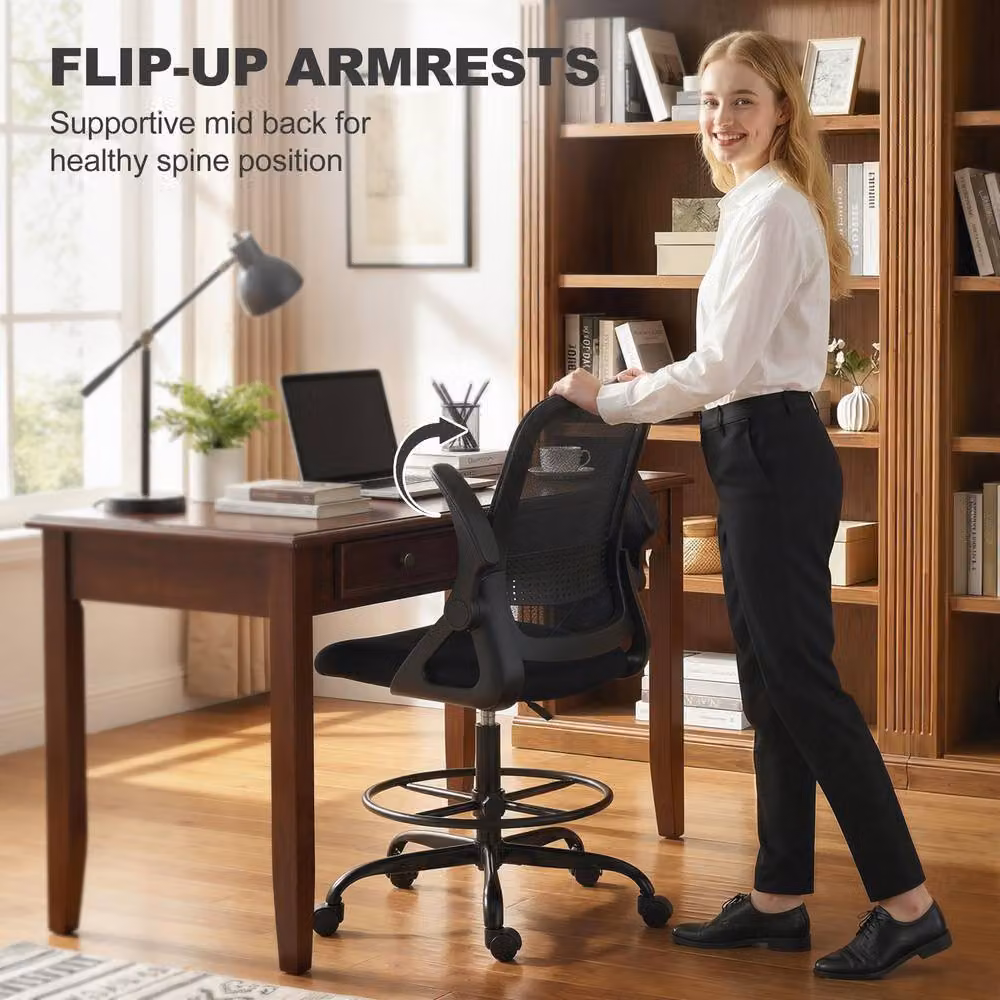 STILVORA Black Fabric Drafting Chair with Flip-up Armrests and Foot Ring – 7