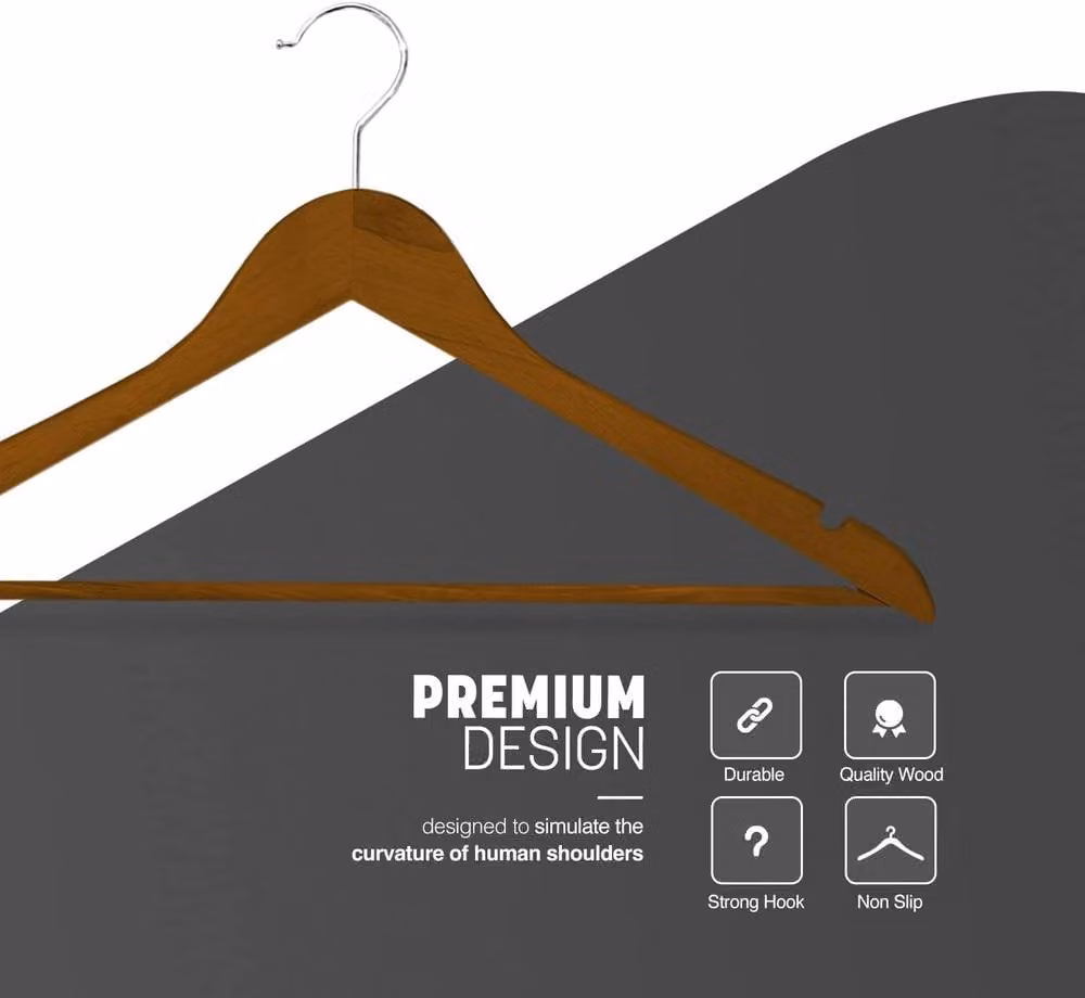 Dyzi 20 Pack Brown Wooden Clothes Hangers with Non-Slip Bar, Notches and Swivel Hook – 4