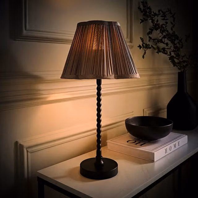 ValueLights Maeve Black Bobble Table Lamp with Pleated Scallop Fabric Shade and LED Bulb in Dark Grey