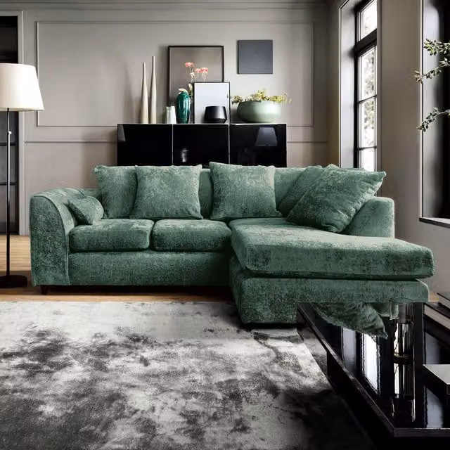 Abakus Direct Harriet Right Facing Corner Sofa in Green Crushed Chenille – 1