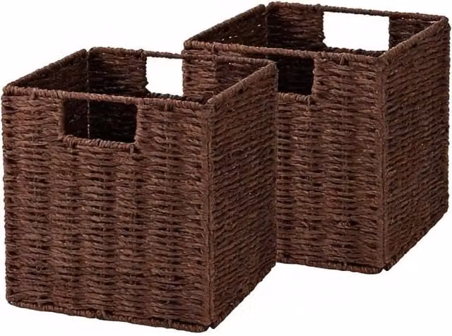 Kelvenix Set of 2 Foldable Brown Rattan Open Weave Storage Baskets with Handles
