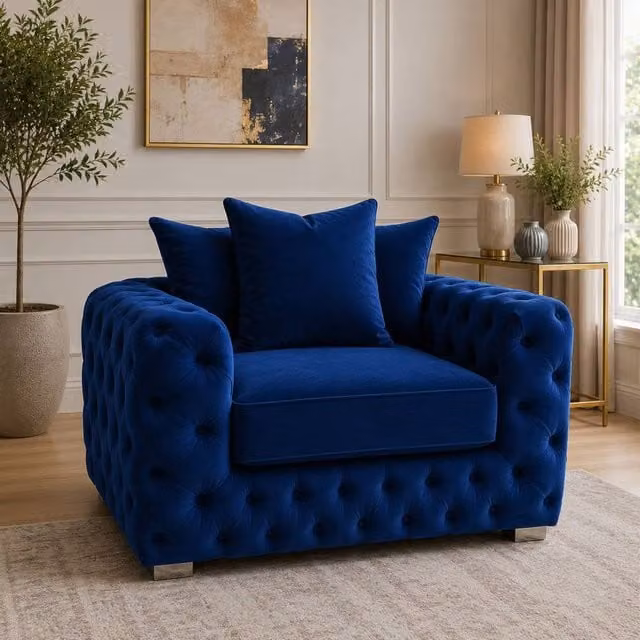 Stratus Interiors Ashley Chesterfield Scatter Back Plush Velvet Fabric Armchair in Royal Blue