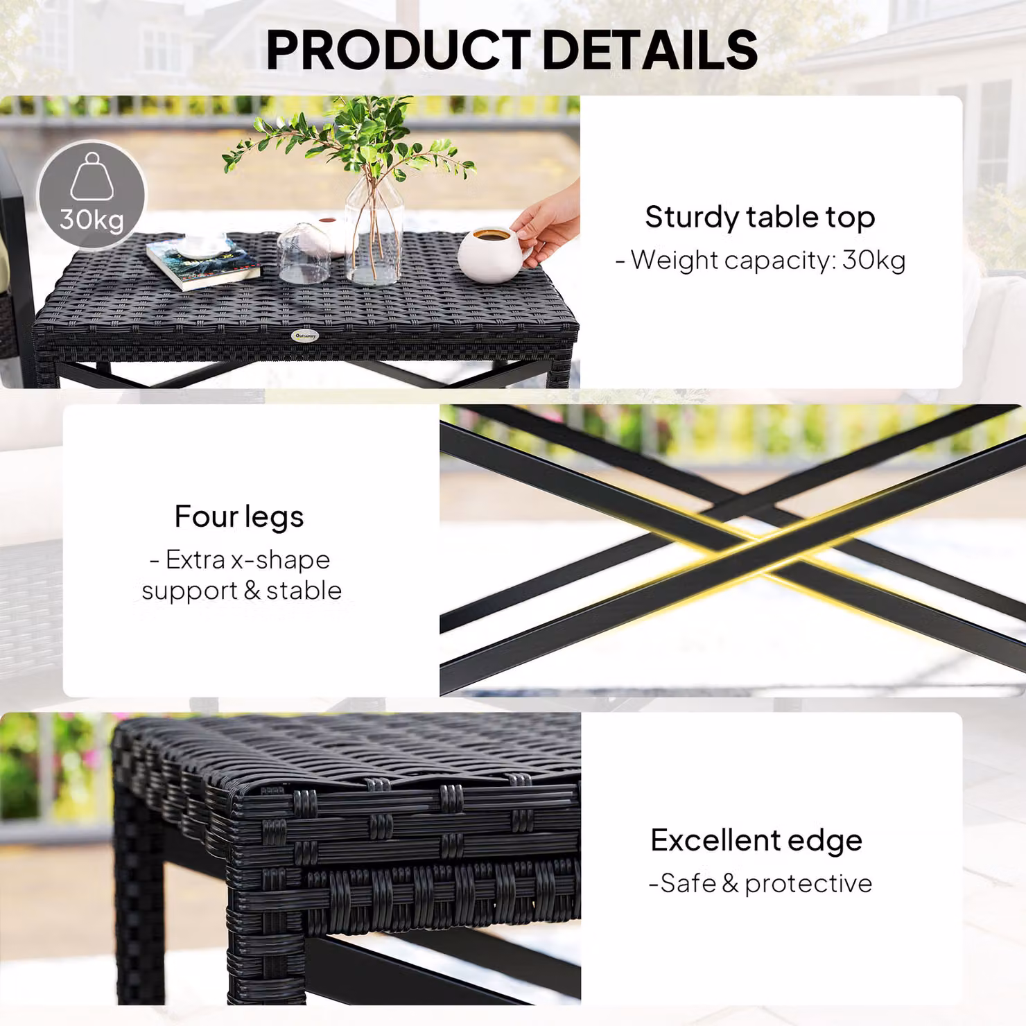 Outsunny Modern Black Polyrattan Outdoor Coffee Table with X-Frame for Garden and Balcony, W/D/H: 80.0 x 43.0 x 30.0 cm – 6