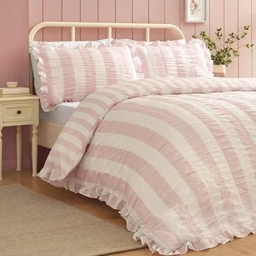 Catherine Lansfield Pink Seersucker Frill Stripe Super King Duvet Set, W/D/H: 260 x 220 x 180 x 200 cm