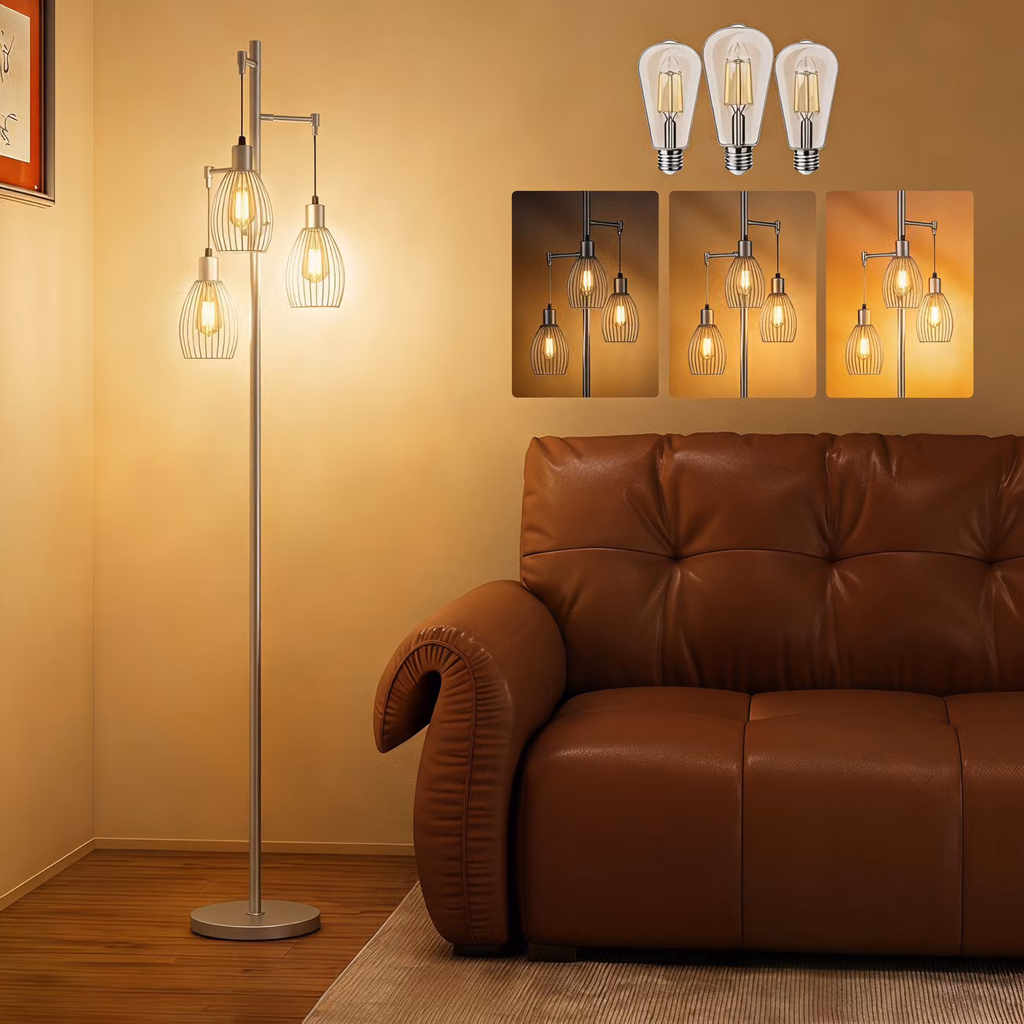 HOMCOM Industrial Dimmable 3-Light Floor Lamp with Steel Wire Cage Lampshades, Silver Tone, Height: 170.5 cm – 2