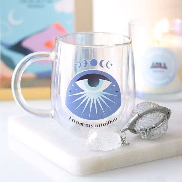 Uniqueful Intuition Double Walled Glass Mug with Aura Crystal Tea Infuser, Transparent, 250ml