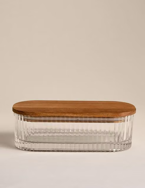 M&S Small Ribbed Glass Container with Airtight Silicone Lid and Wood Detail, Transparent
