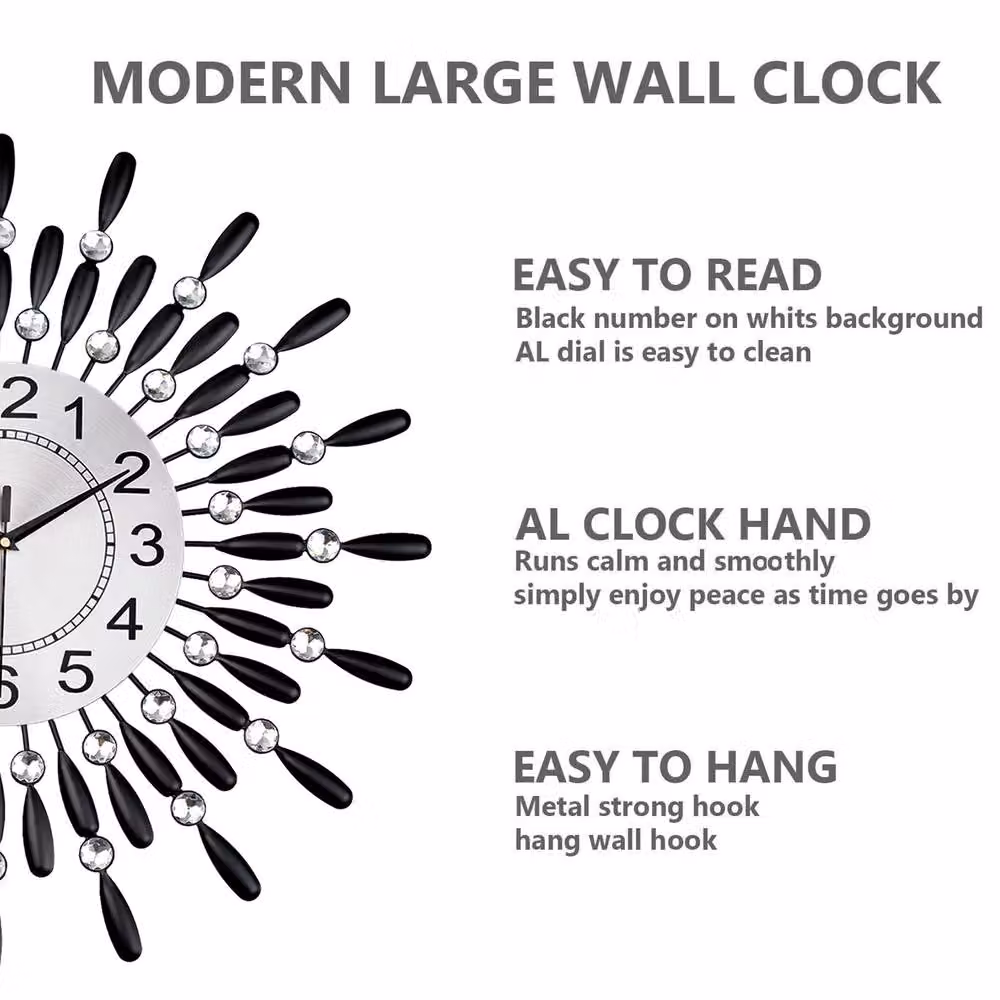 Crystals Black Diamante Beaded Quartz Jeweled Round Wall Clock, Diameter: 60 cm – 4