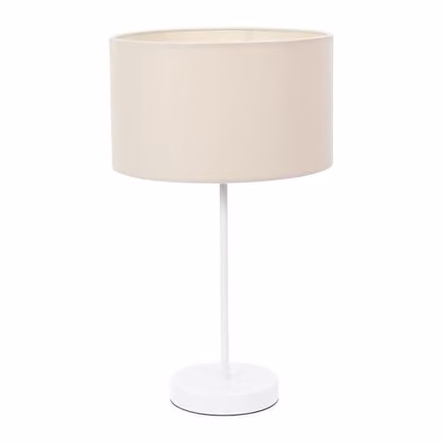 ValueLights White Metal Single Stem Table Lamp with Beige Fabric Drum Lampshade and Included LED Bulb – 1