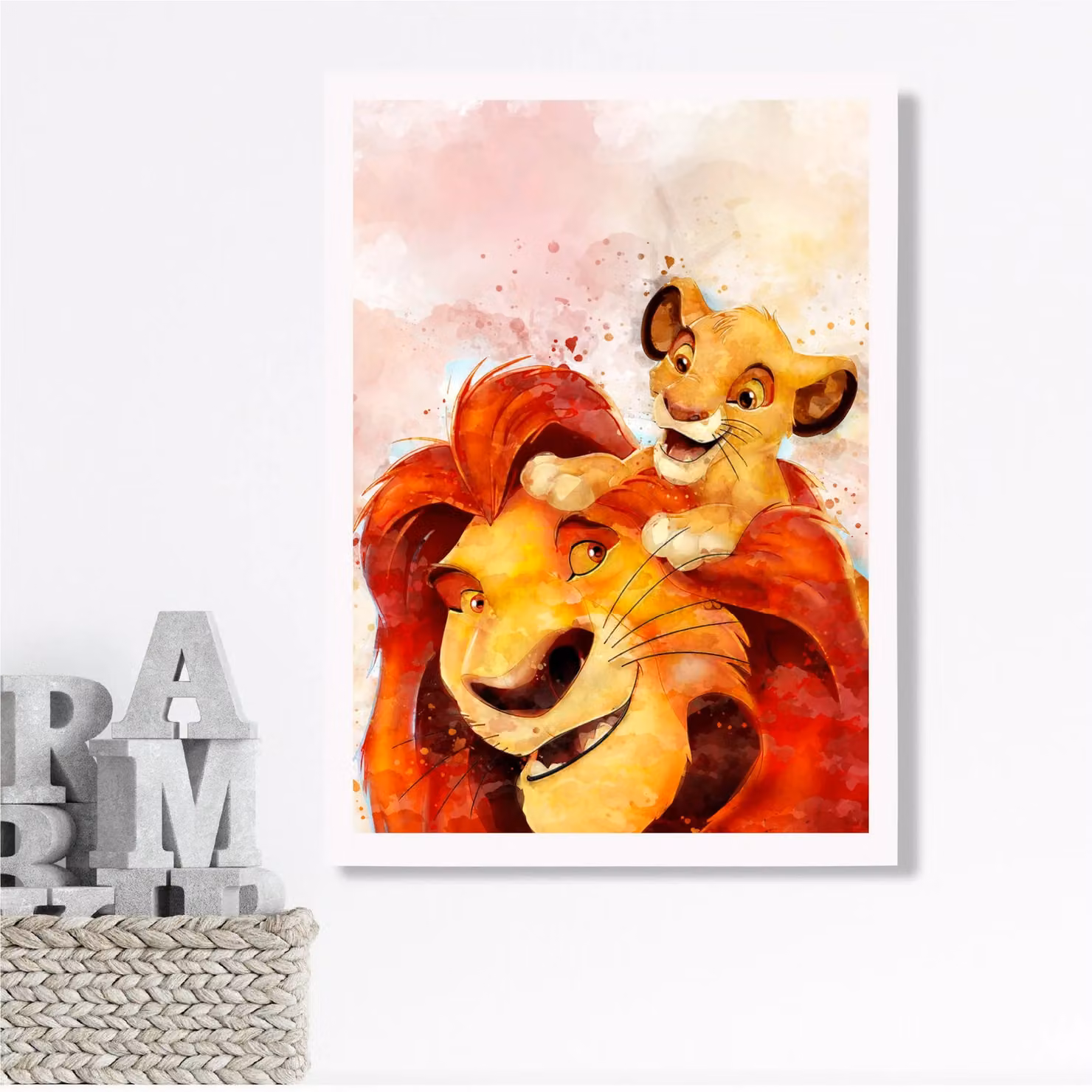 ARTZE Mufasa and Simba Lion King Watercolour Framed Print, Red and White Frame, A3 – 2