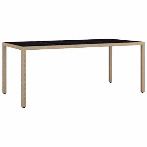 vidaXL Extendable Rectangular Garden Table with Tempered Glass Top in Beige Poly Rattan and Powder Coated Steel, W/D/H: 190 x 90 x 75 cm
