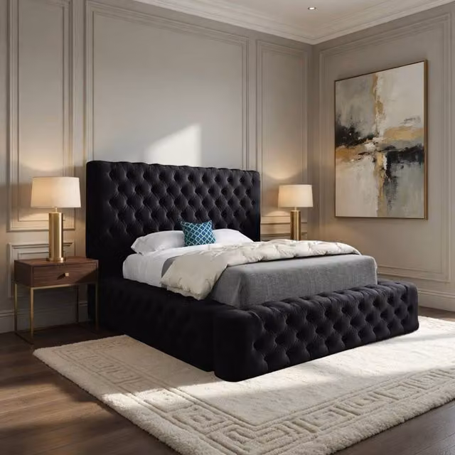 Casani Isleham Black Velvet Chesterfield Upholstered Bed Frame, W/D/H: 160 x 137 x 120 cm – 1