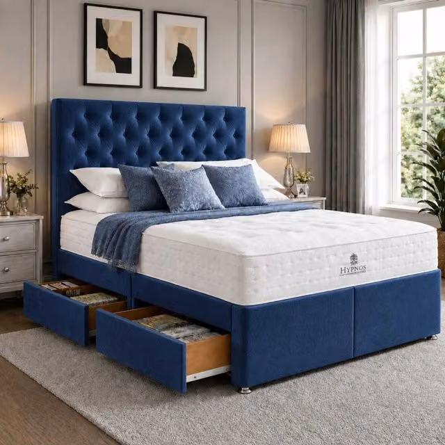 K Mehmood Enterprise Ltd Modern Upholstered Fabric Divan Bed with Headboard and Storage Drawers in Blue