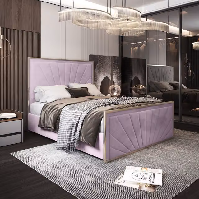 Naptime Modern Pink Velvet Upholstered Metal Bed Frame, W x D: 200 x 200 cm