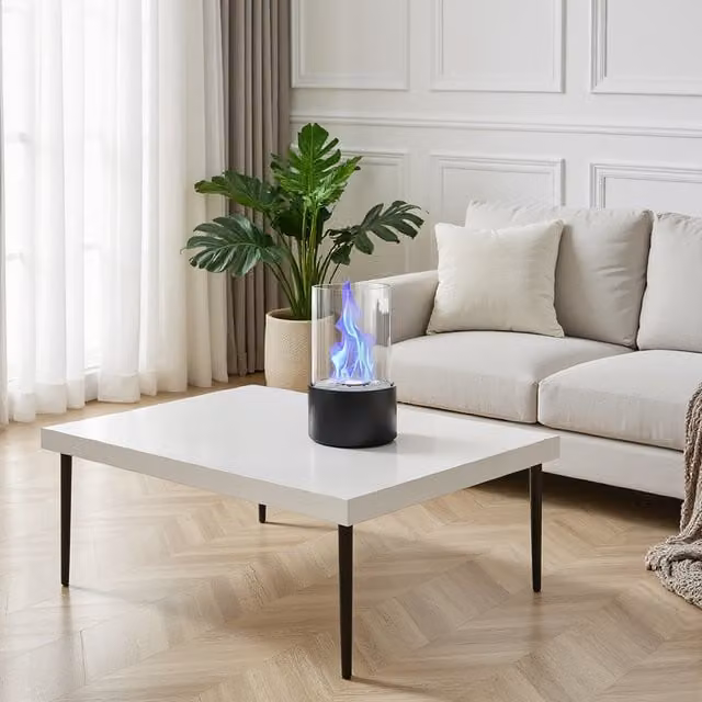 Living Star Round Freestanding Tabletop Ventless Ethanol Fireplace with Glass Screen, Black