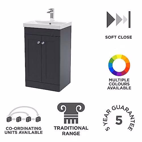 nuie Classique Floor Standing 2 Door Bathroom Unit and Thin-Edge Ceramic Basin, Satin Anthracite, W: 50.5 cm, D: 39.5 cm, H: 81.8 cm – 2