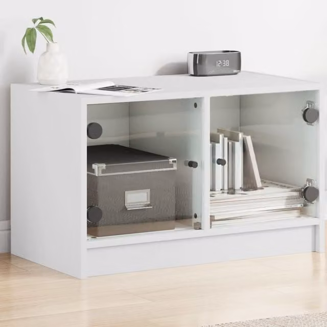 Berkfield Home TV Cabinet with Glass Doors in White, W/D/H: 68 x 37 x 42 cm