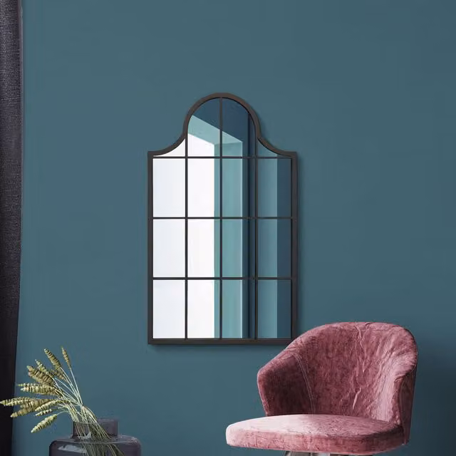 MirrorOutlet Arcus Crown Modern Metal Framed Arched Window Wall Mirror in Black