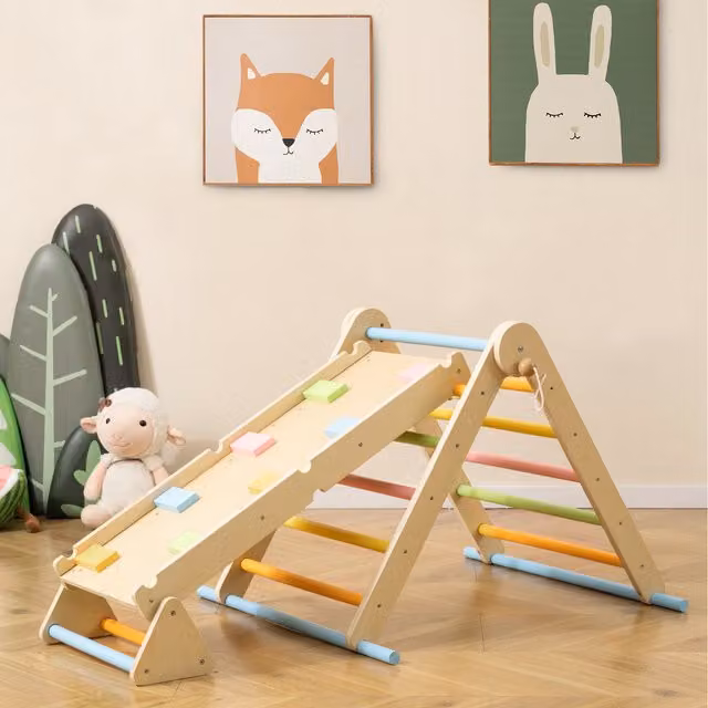 Costway Foldable 3-in-1 Pikler Triangle Climbing Set in Multicolour Wood