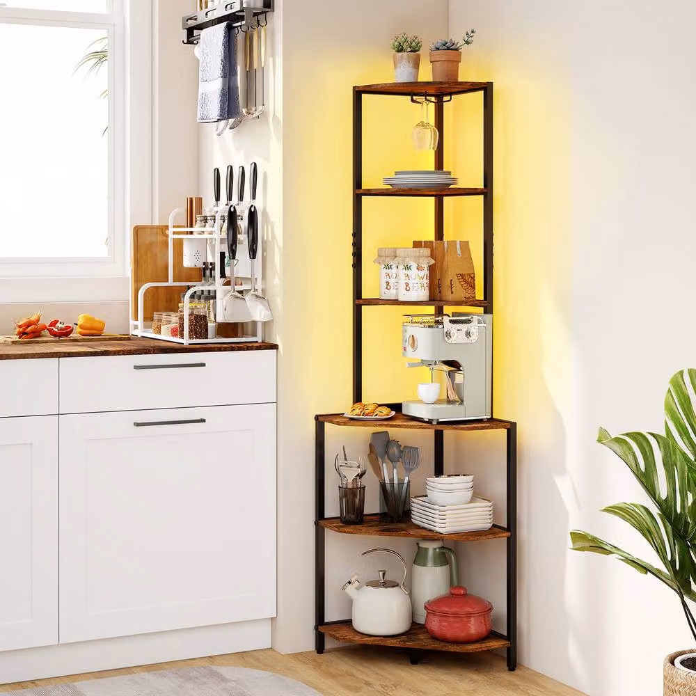 Costway Wooden Corner Shelf with Storage Shelves in Brown – 2