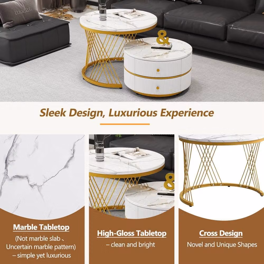 Rolipo White and Gold Round Nesting Coffee Table Set of 2 with Drawers – 4