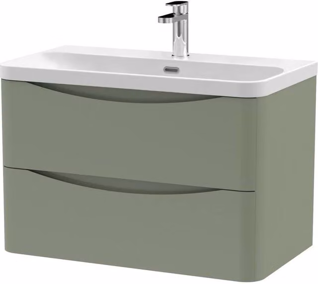 Balterley Modern Wall Hung 2 Drawer Bathroom Vanity with Ceramic Basin, Green, W: 80 cm – 1