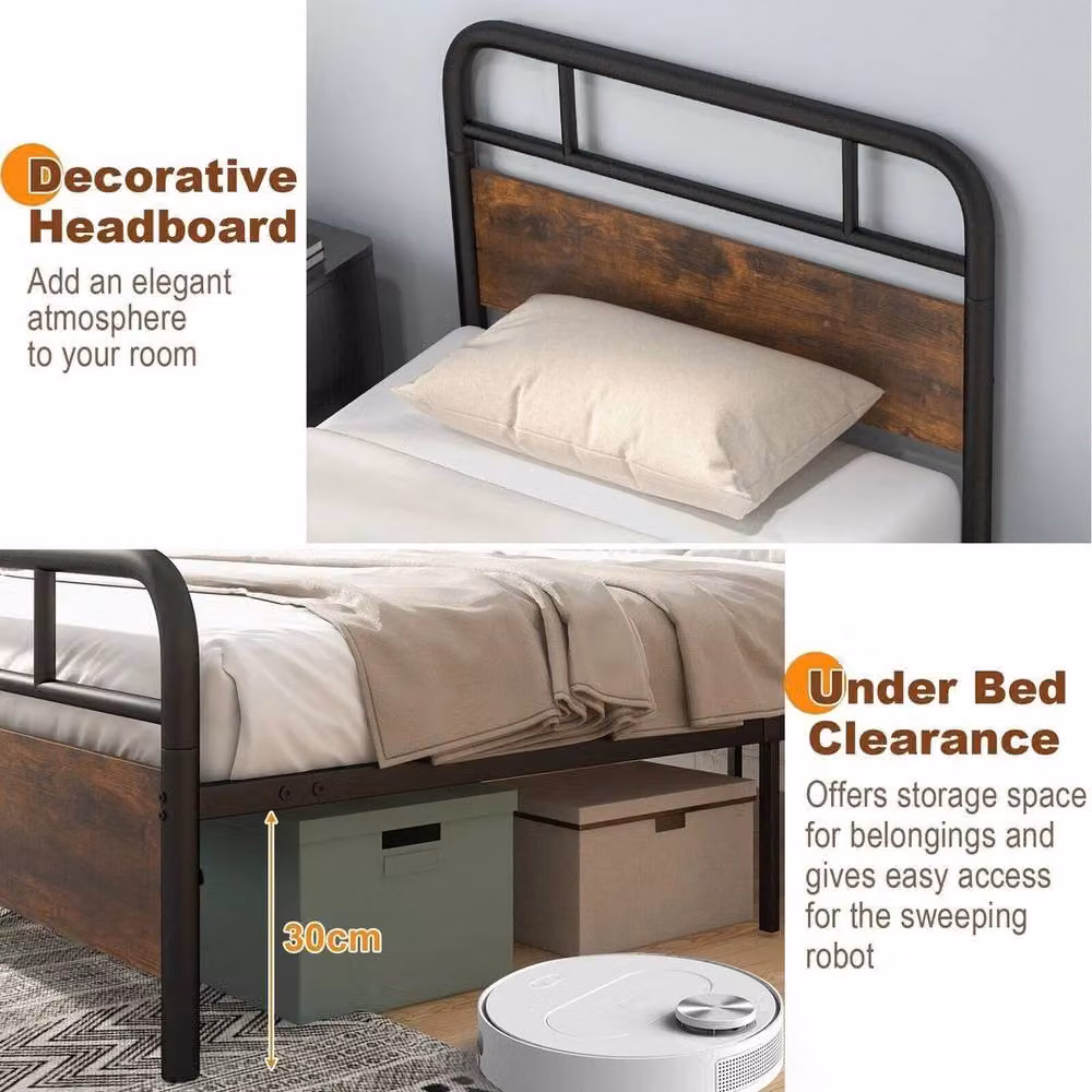 Kelvenix Single Bed Frame with Headboard and Footboard in Black Metal and Wood, W/D/H: 90 x 200 cm – 3