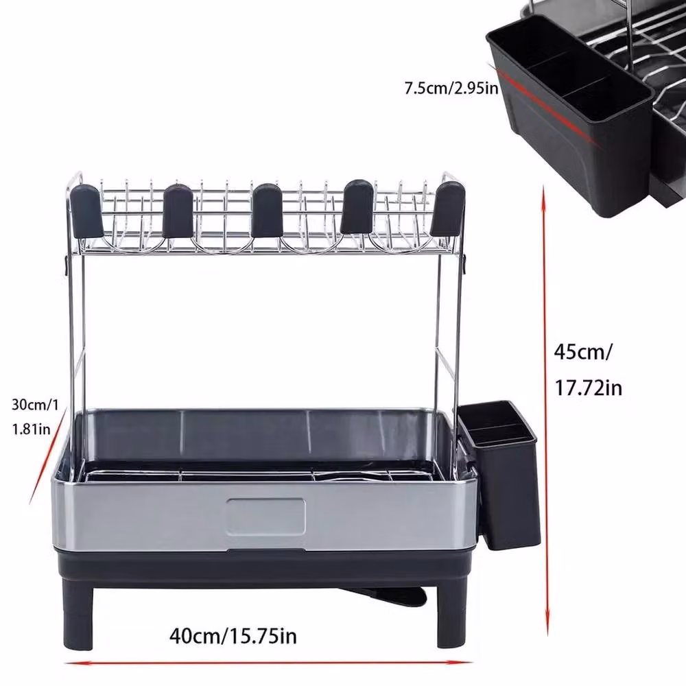 VOGREX 2-Tier Stainless Steel Dish Drying Rack with Drip Tray and Utensil Holder in Silver – 2