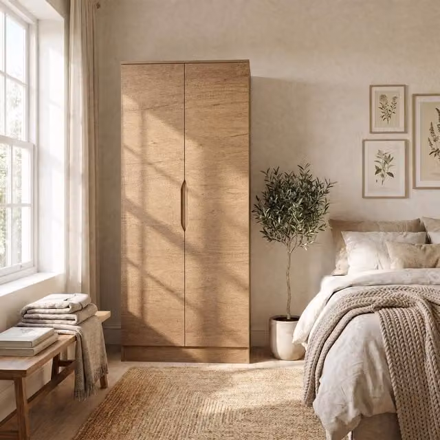 FWStyle Luno Oak 2 Door Double Wardrobe with Hanging Rod and Internal Shelves, Brown