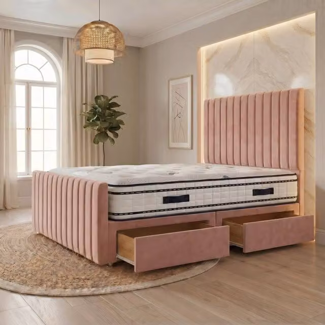 Somnior Eleanor Pink Velvet Hybrid Divan Bed with 2 Drawers, Headboard and Footboard, W/D/H: 180 x 200 cm