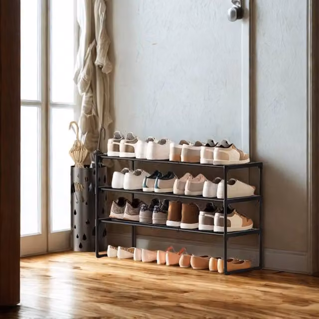 Pirlo Plush 3 Tier Metal Shoe Rack with Open Shelves in Black – 1