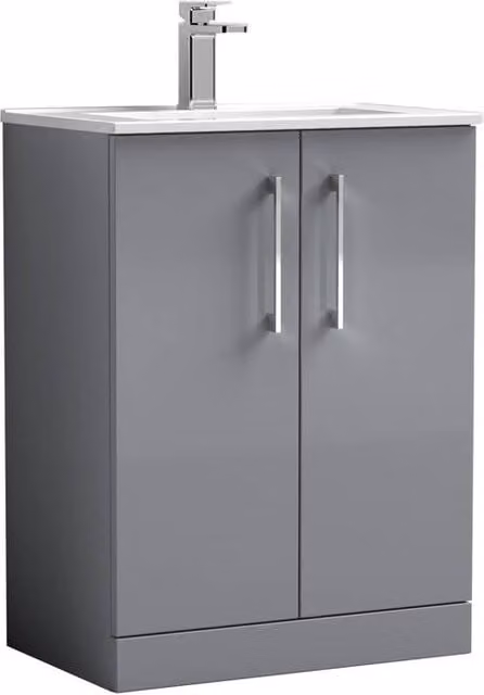 Balterley Modern Freestanding Bathroom Floor Vanity Unit with Basin and 2 Soft Close Doors, Satin Grey, Width: 44 cm
