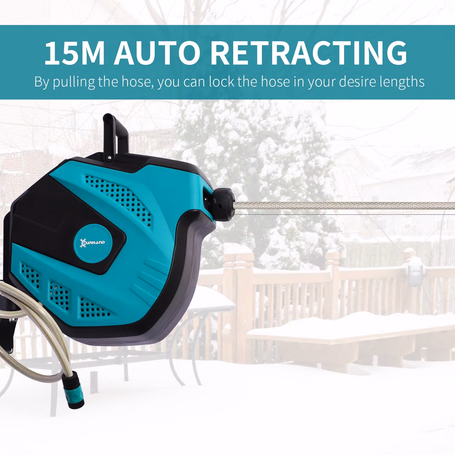 DURHAND Wall Mounted Garden Hose Reel with 15m Auto Rewind and 7 Pattern Spray Nozzle, Turquoise – 4