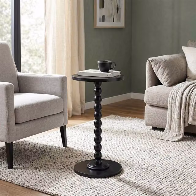 EONLION Black Round Side Table with Matt Wood Finish, Diameter: 100 cm