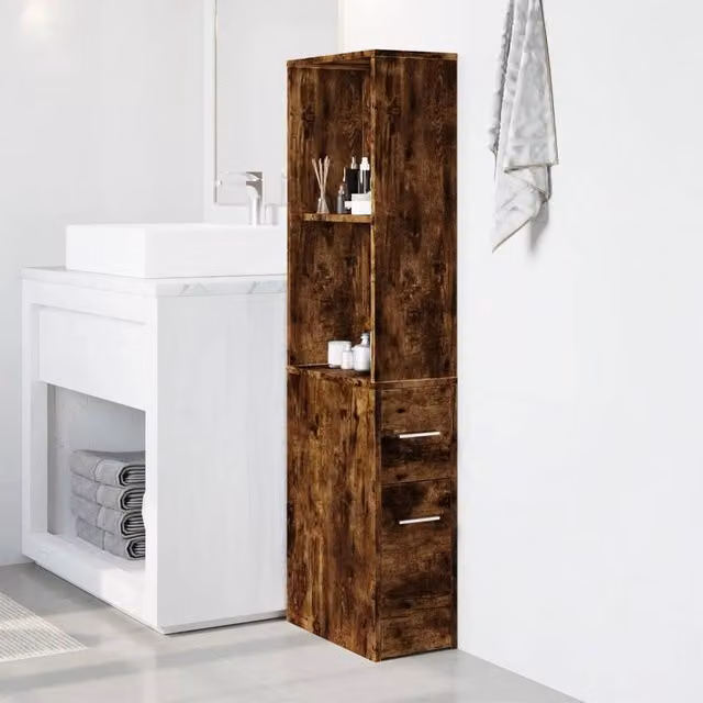 Berkfield Home Narrow Bathroom Cupboard with Wheels in Smoked Oak Brown, W/D/H: 22.0 x 41.0 x 135.0 cm