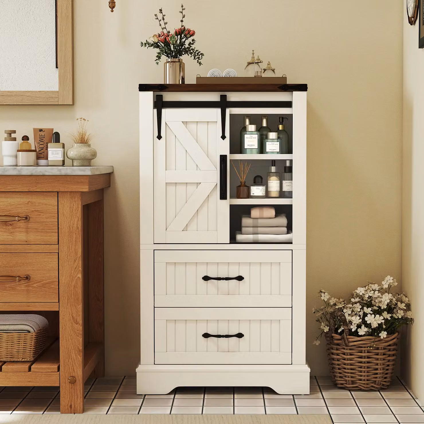 Gymax White Farmhouse Style Freestanding Bathroom Floor Cabinet with Sliding Doors, Internal Drawers and Shelves – 2