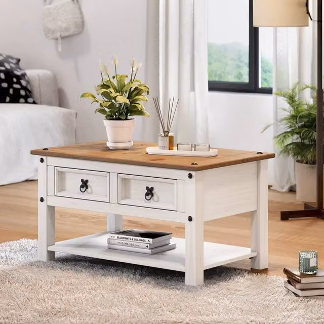 FORGEVIO White Rectangular Solid Wood Coffee Table with 2 Drawers