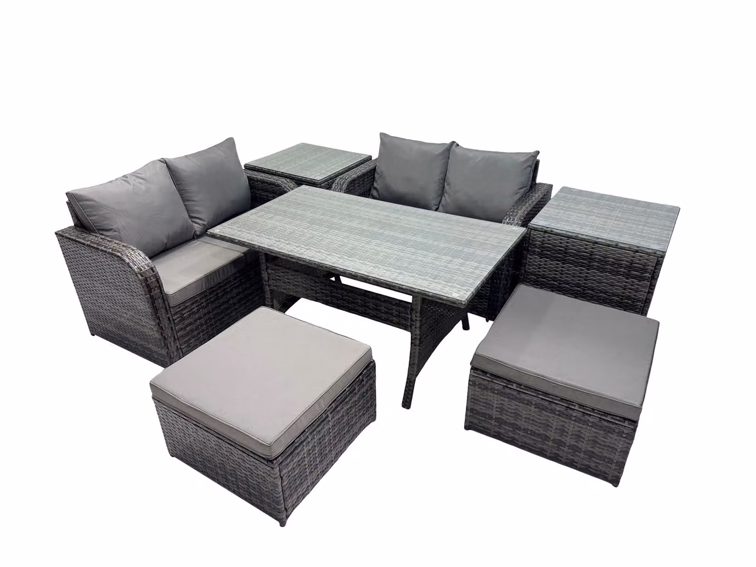 Fimous Modern Outdoor Furniture Set in Dark Grey featuring 2-Seater Sofa, 2 Side Tables, and 2 Ottomans with Powder Coated Steel Frame – 2