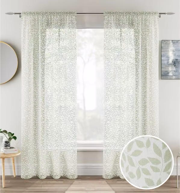 Tyrone Textiles Pair of Green Sheer Voile Fabric Panels with Floral Leaf Print, Height: 229 cm