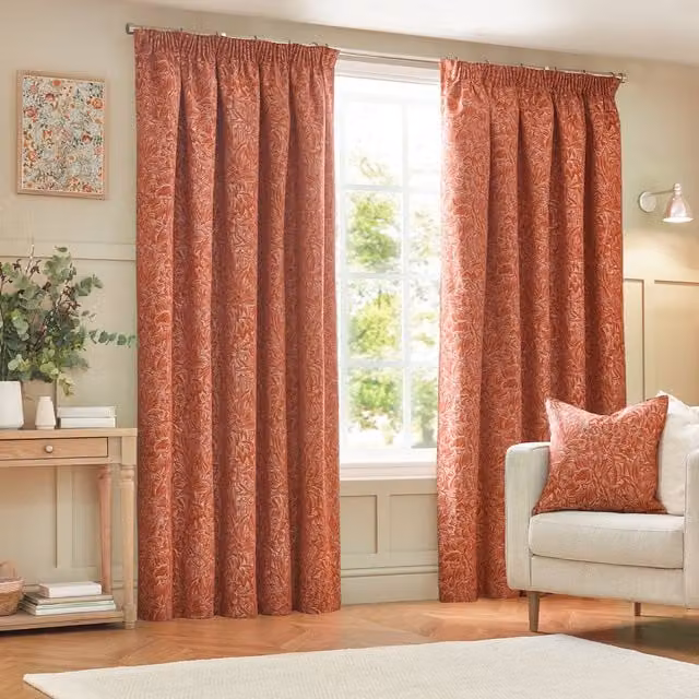 Grantley Jacquard Floral Pencil Pleat Curtains in Red and Orange, Height: 229 cm, Width: 168 cm