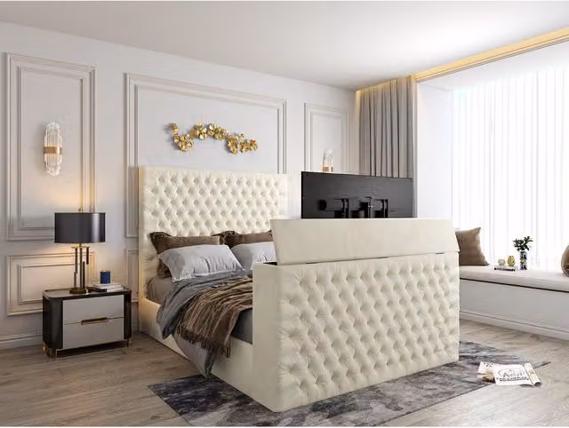 Casani Modern Upholstered Velvet Bed Frame in Beige and Yellow, 200 x 200 cm