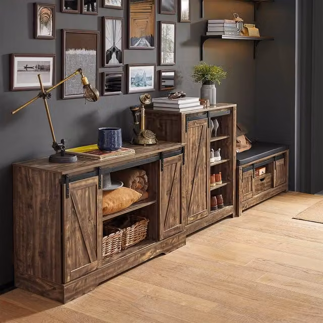 SoBuy Multifunctional Rustic Credenza with Sliding Barn Doors in Brown, W/D/H: 120 x 70 x 70 cm – 1
